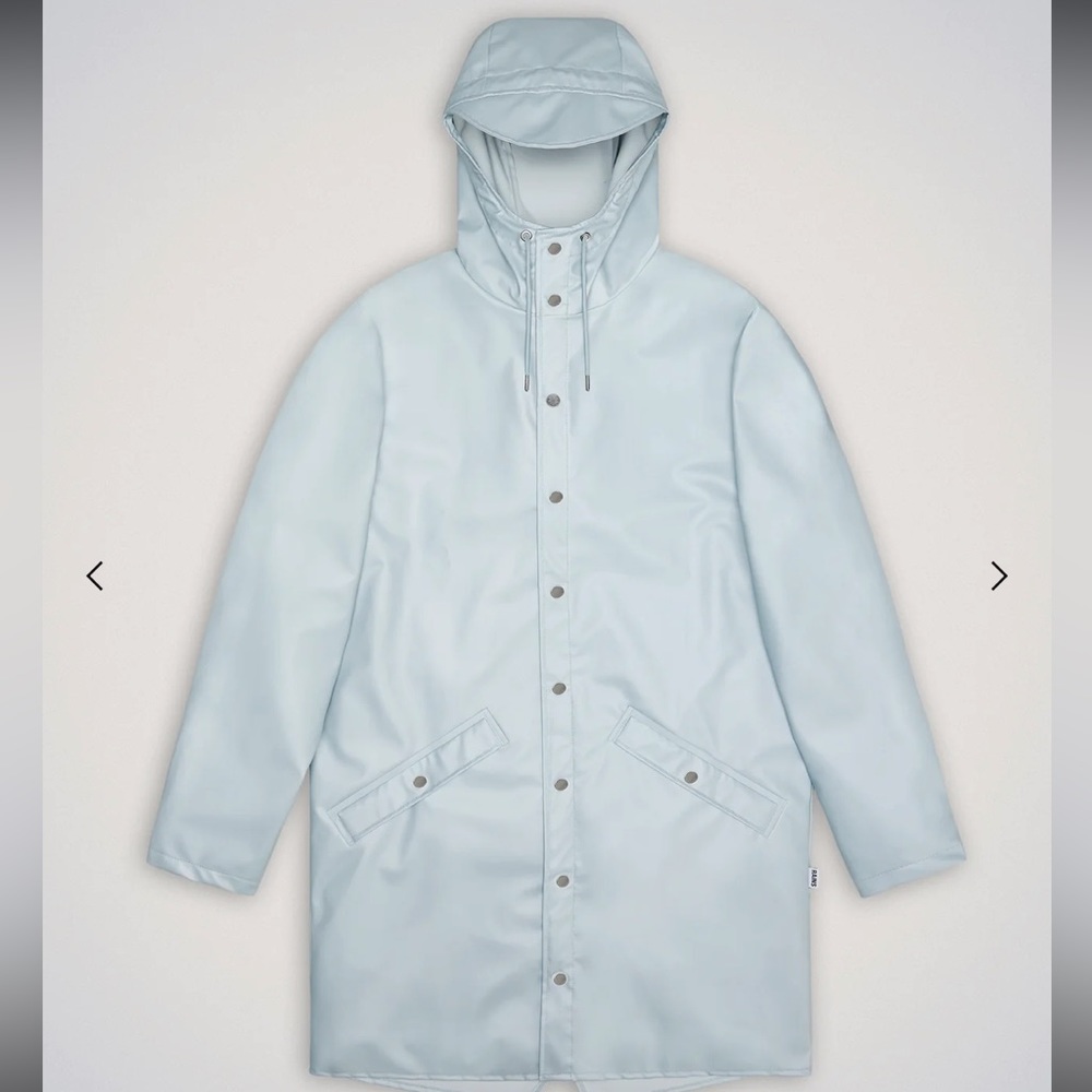 RAINS UNISEX LONG JACKET RAINCOAT SIZE L. MENS L WOMENS FIT XL. SKY